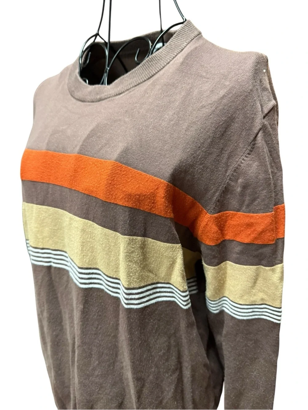 Zyia Active Unisex Brown Crewneck Sweater with Orange and Cream Stripes Medium